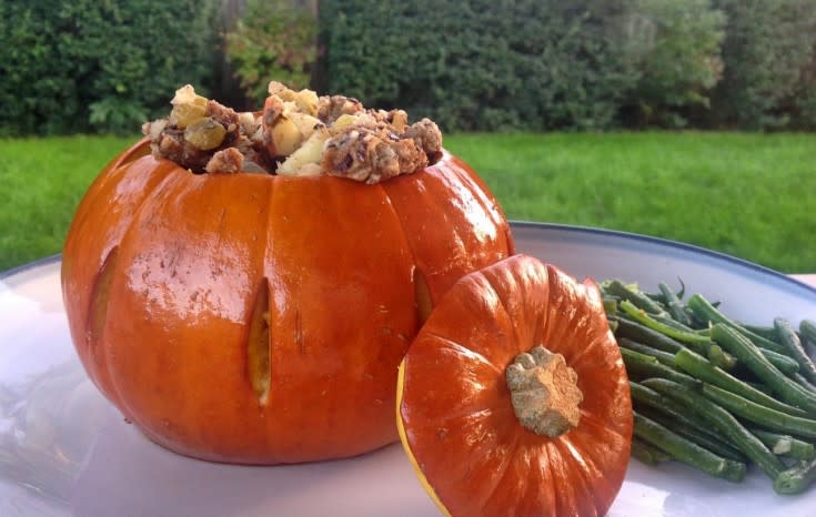 Roasted Stuffed Pumpkin, Savory Golden Nut Stuffing & Pumpkin Gravy