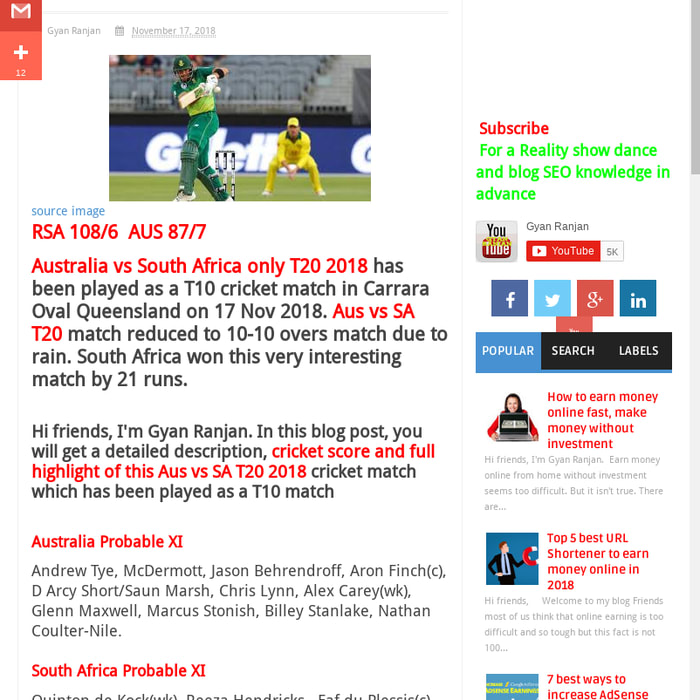 Aus vs SA Only T20 2018 has been played as a T10, Cricket highlight