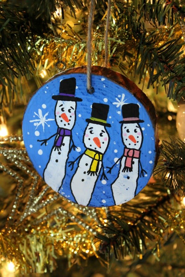 Wood Slice Fingerprint Snowman Christmas Ornaments