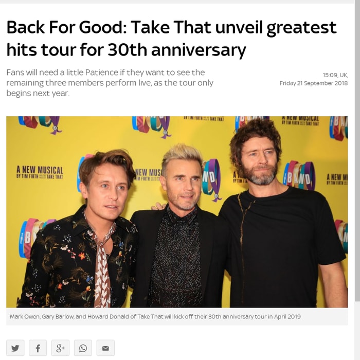 Back For Good: Take That unveil greatest hits tour for 30th anniversary