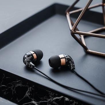 Beautiful In-Ear Earbuds with Remote and Mic (Black Marble Rose Gold) by Casetify Case