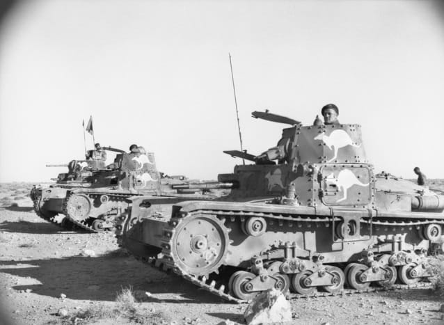 Captured Italian tanks refitted for usage for the Australian 6th Cavalry Regiment. North African Campaign, Tobruk, 23 January 1941. Photo taken by Frank Hurley.