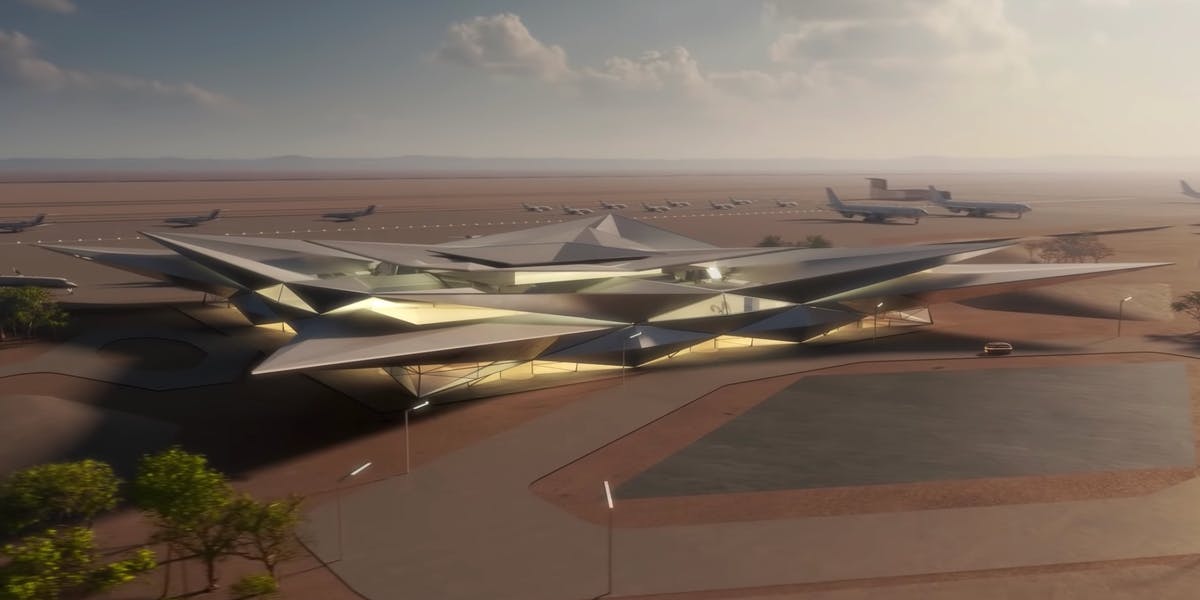 Foster + Partners share new design for geometric mirrored airport in Saudi Arabia