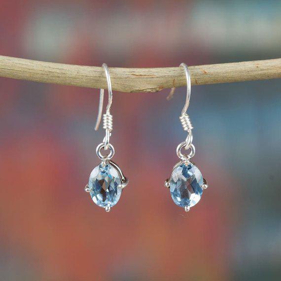 Blue Topaz Earring, 925 Sterling Silver, Dangle Earring, Prong Set Earring, Delicate Earring, Bridal Gift, Wedding Jewelry, Elegant Earring,