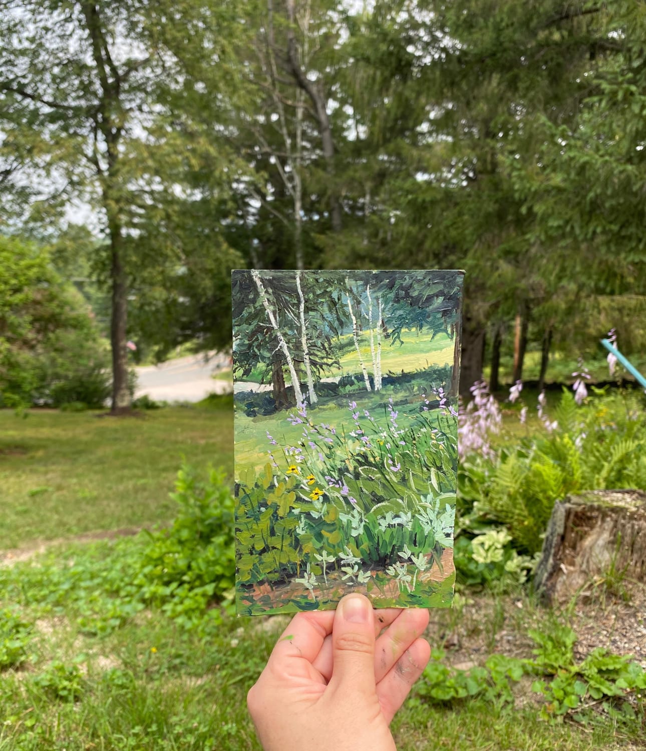 Quick oil sketch of the gardens at the historic inn we’re staying at!