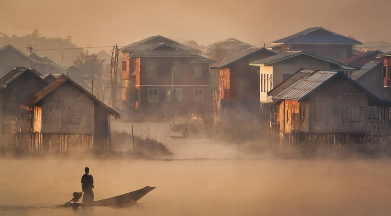 A misty morning at a floating village on Inle Lake, Myanmar. (Image - William Yu).