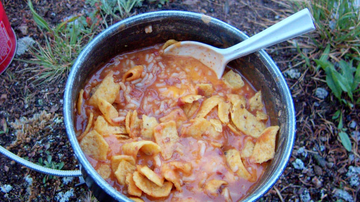 Delicious Backpacking Meal: Beans & Rice with Fritos & Cheese