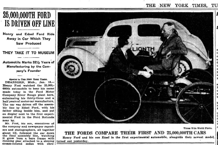 The 25,000,000th Ford car drove off the assembly line, today in 1937.
