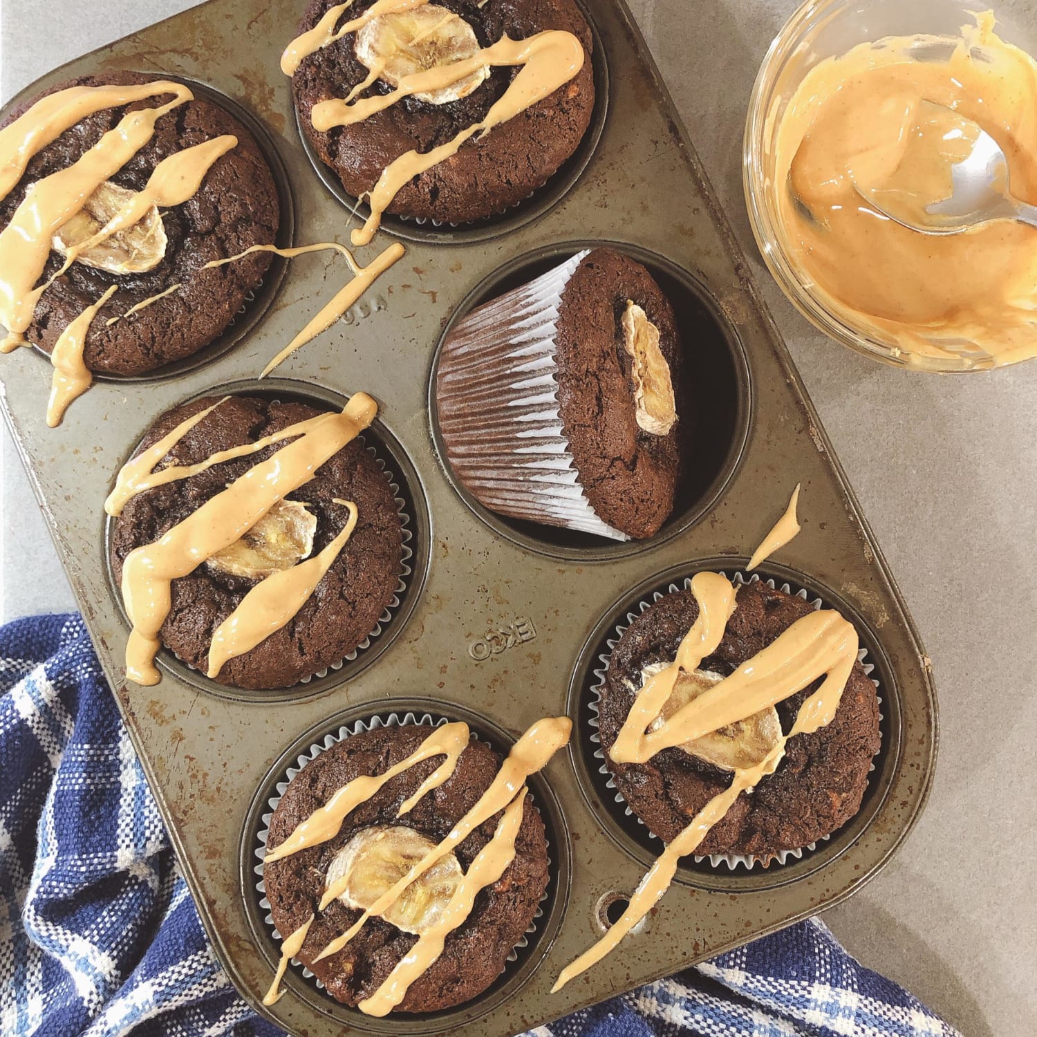 Chocolate Peanut Butter Banana muffins!! The ultimate triple threat! 😈