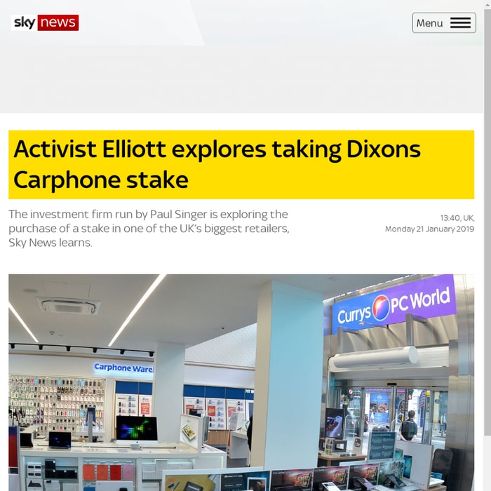 Activist Elliott explores taking Dixons Carphone stake