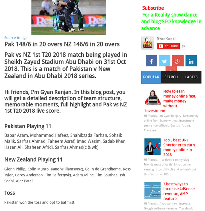 Pak vs NZ, 1st T20 2018, live score, Abu Dhabi