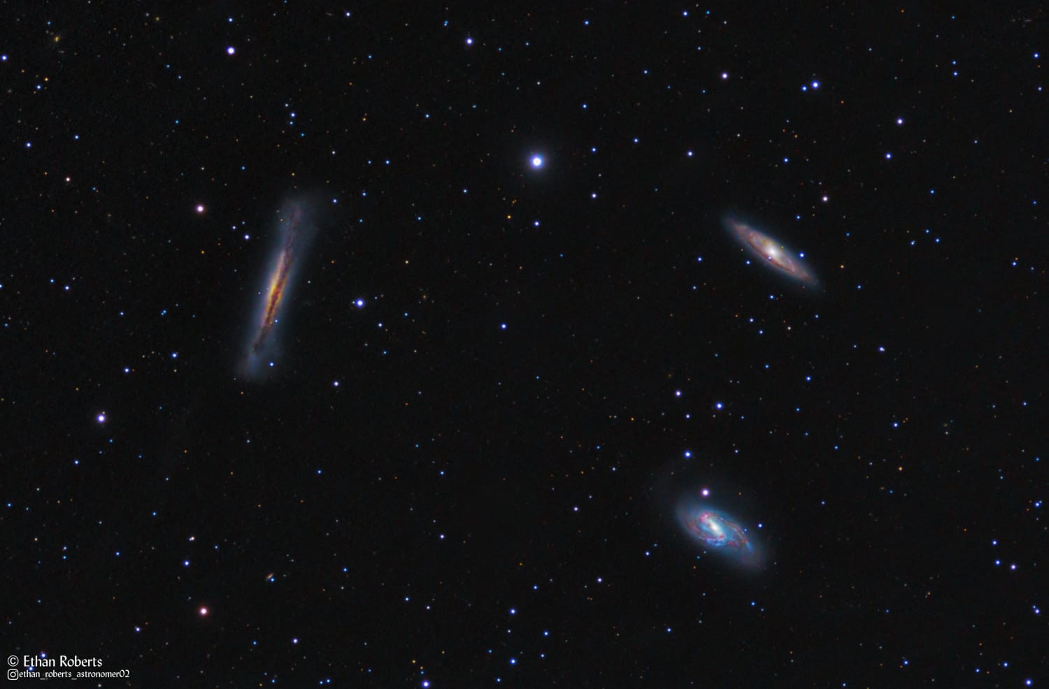 Located about 35 million light years away is a small group of galaxies called the Leo Triplet. Using my telescope, I was able to get a picture of the distant trio and many other background galaxies.