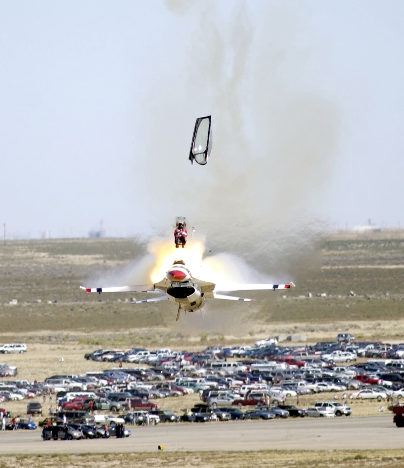 Capt. Chris Stricklin ejects from his F-16 less than one second before impact, surviving with only minor injuries -- USAF photo by Staff Sgt. Bennie J. Davis III