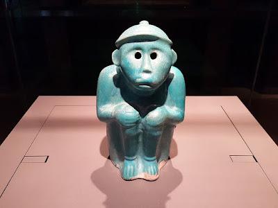 A figure of a monkey from Kashan, Iran. C.1200, fritware, coloured glaze, now on display at the Museum of Islamic Art in Doha, Qatar