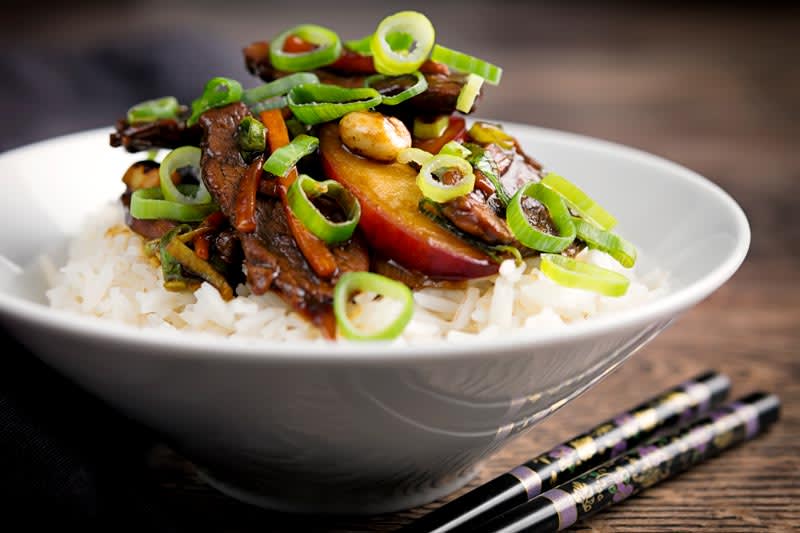 Duck Stir Fry with Fresh Plums & Peanuts