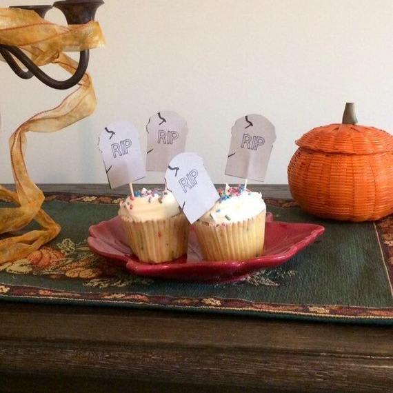 Halloween headstone cupcake toppers, set of 12 RIP tombstone food picks, gray & black spooky fun graveyard or zombie party table decor