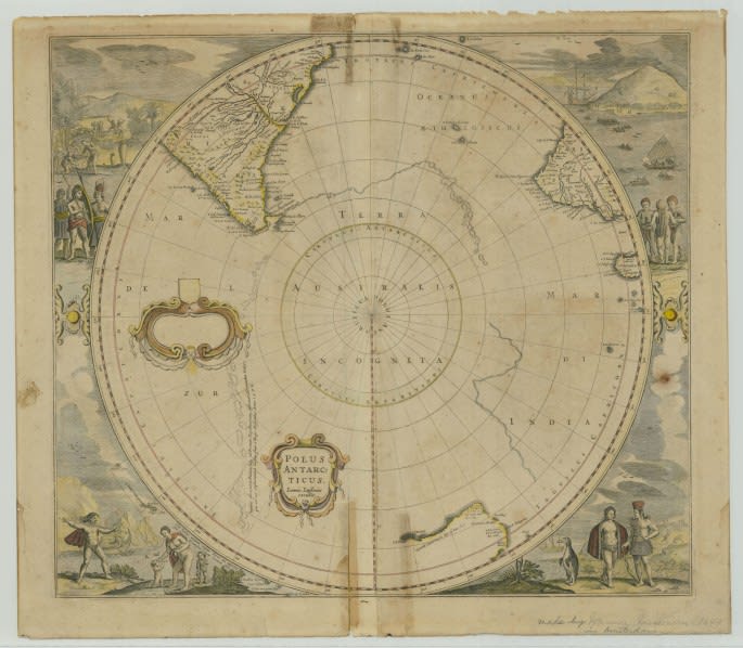 One of the oldest items in our Cartographic holdings is the Polus Antarcticus atlas page. Published in the 1630s by Henricus Hondius, a Dutch cartographer and engraver, the map is one of the first to depict the South Pole area.