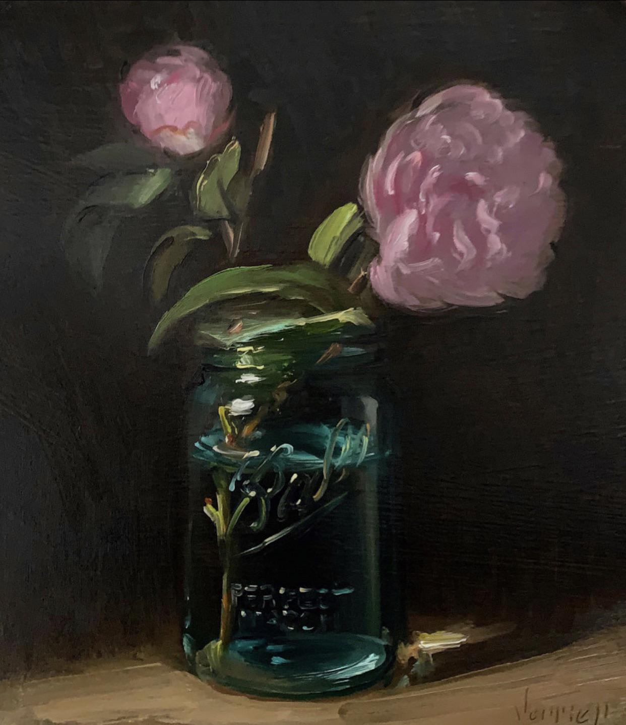 Camellias in a Vintage Ball Jar - oil painting by me