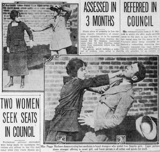 19-year-old, 110-pound actress Peggy Marlowe is giving self-defense lessons in Los Angeles, showing how she fought off a male assailant last year.