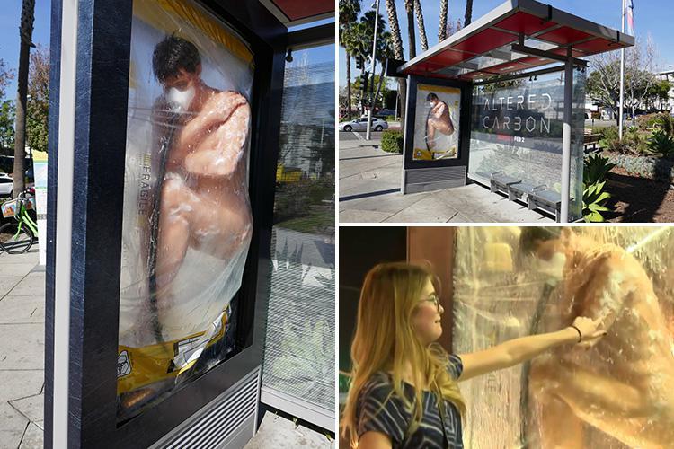 An incubating human creeps out commuters at west Hollywood bus stop