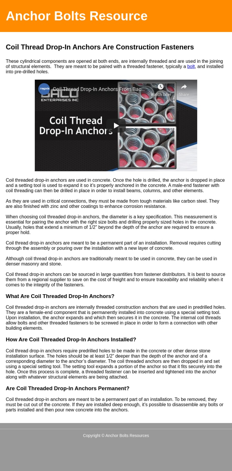 Coil Thread Drop-In Anchors