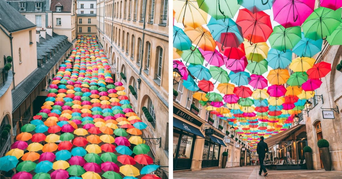 Hundreds of Colorful Umbrellas Float Above a Charming Passageway in Paris