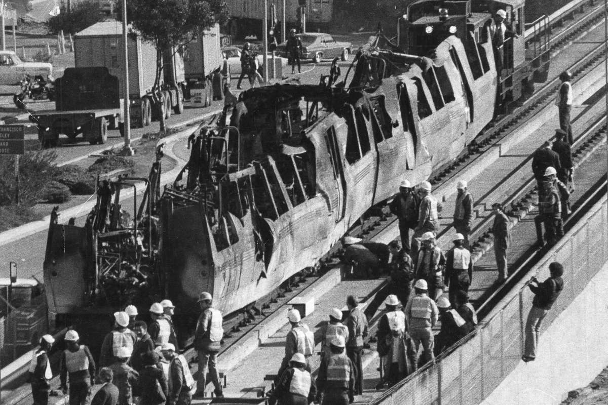 BART train car destroyed by a fire in the Transbay Tube under the San Francisco Bay, January 17th, 1979. One firefighter died. Info in comments.