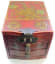 Asian Jewelry Box With Folding Mirror, Maroon Red Lacquer With Floral, Bird, And Butterfly Motif In Gold Paint
