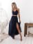 Two Piece Spaghetti Straps Navy Blue Ankle Length Prom Dress with Split