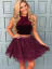 Two Piece Crew Short Burgundy Lace Homecoming Dress with Beading