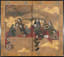 Two-panel screen depicting an outdoor banquet, with people playing Go and music. Japan, Edo period, 1665