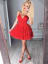 A-Line Spaghetti Straps Short Tiered Red Lace Homecoming Dress