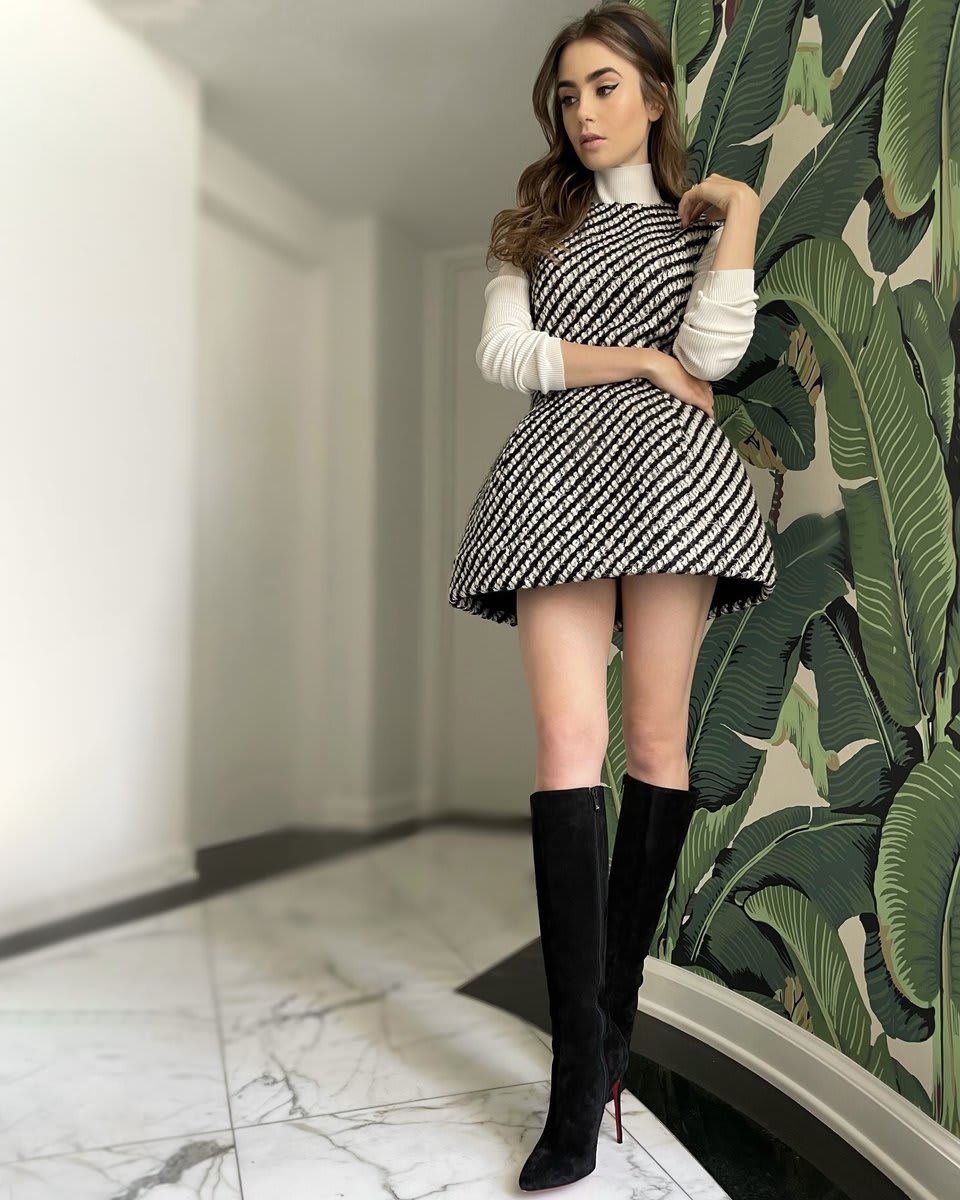 Modern Mod. Lily Collins wears the odlrfall2020 tweed dress with a decisively whimsical architectural skirt.