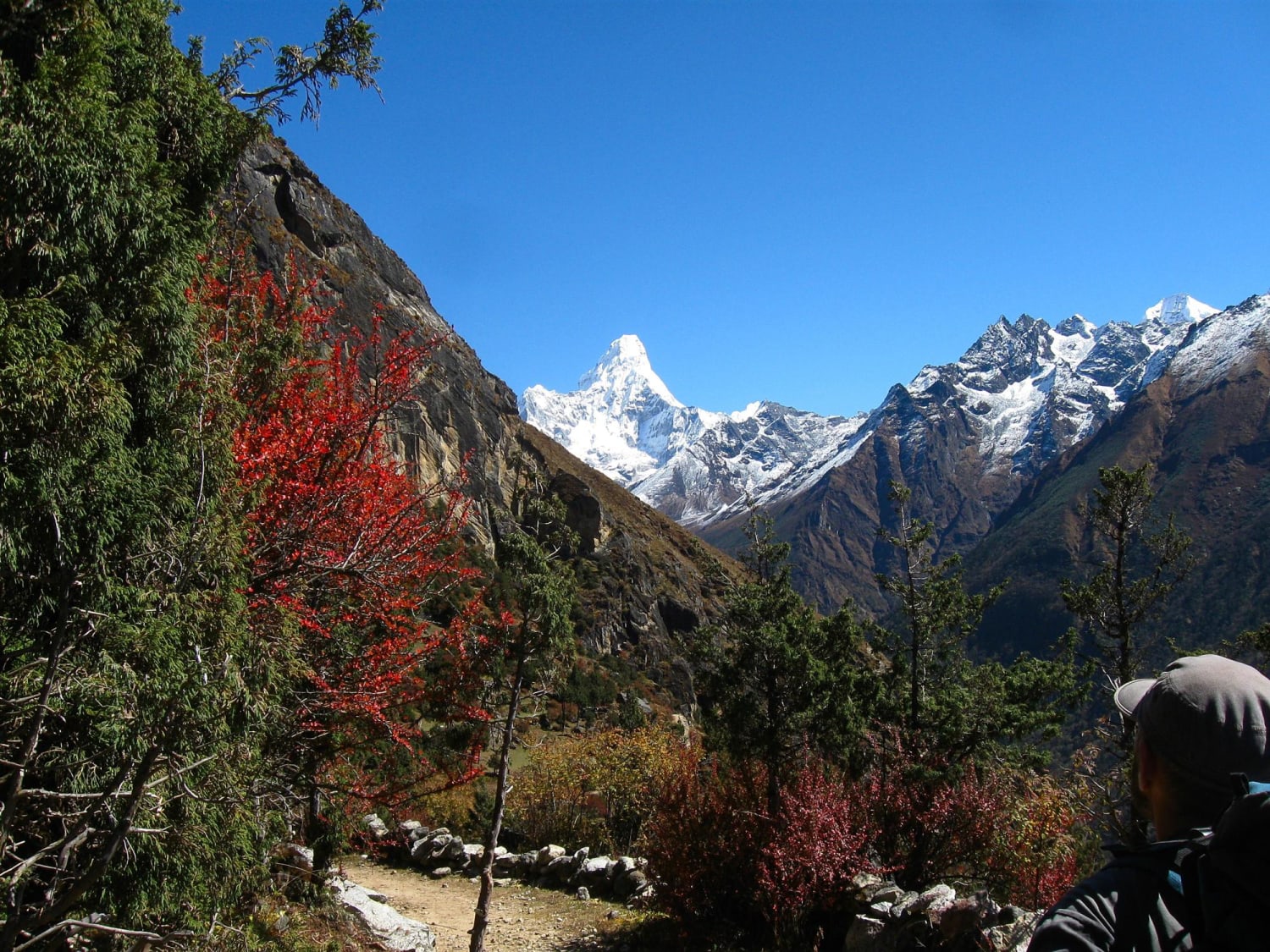First clear view of Ama Dablam a couple of kilometres walk out of Namche Bazar