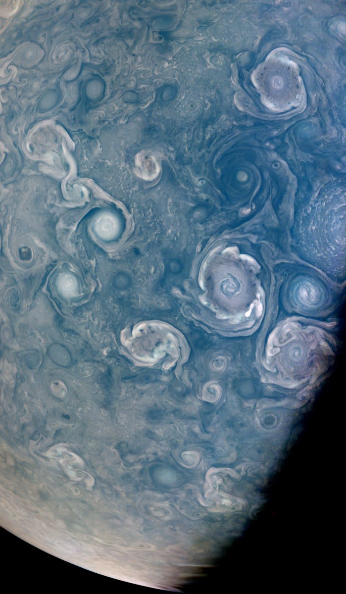 Swirls of wind The JunoMission completed its 43rd close flyby of Jupiter & imaged these vortices, or hurricane-like spiral wind patterns, near the gas giant’s north pole. These strong storms can be over 30 miles (50km) high & hundreds of miles across.