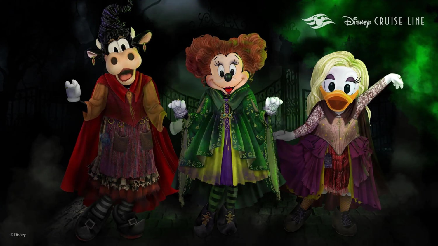 Minnie Mouse, Daisy Duck and Clarabelle Cow will be dressed as the Sanderson Sisters for Disney Cruise Line’s Halloween on the High Seas 🎃