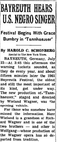 Today in 1961: Grace Bumbry, a 24-year-old American opera singer, became the first black performer at the Bayreuth Festival in Germany. The Times wrote she had "a big career ahead of her."