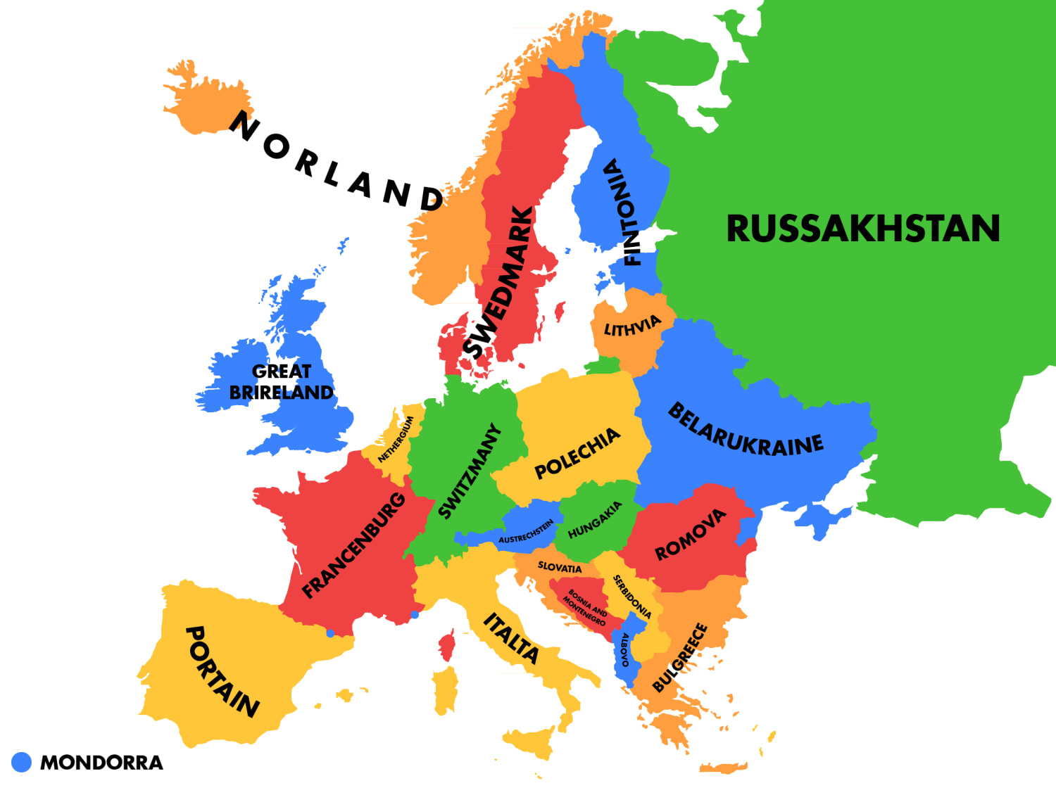 All countries in Europe merged with a neighboring one (even their names)