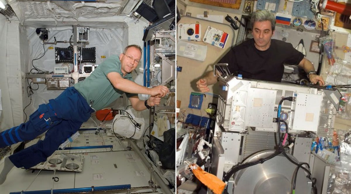 Also on board Atlantis OTD 7 February 2008, two ESA astronauts: Hans Schlegel (L) and Léopold Eyharts  (R)