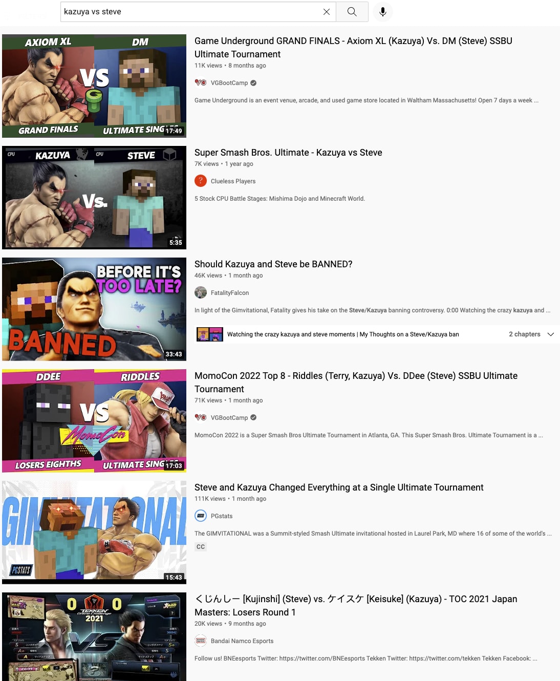 If you search for "Kazuya vs Steve" you don't see Tekken until the 6th search result