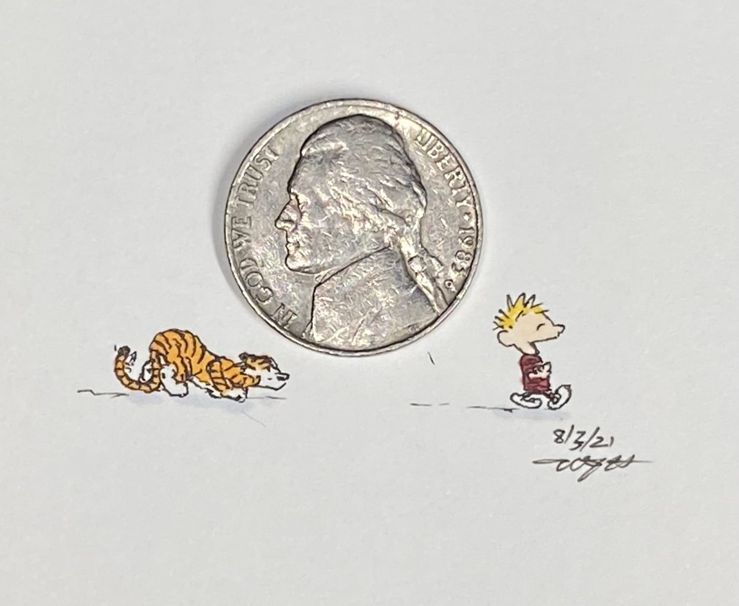 Micro Drawing - Hobbes Stalking Calvin. Click on the link in the comments to see me actually drawing this picture.