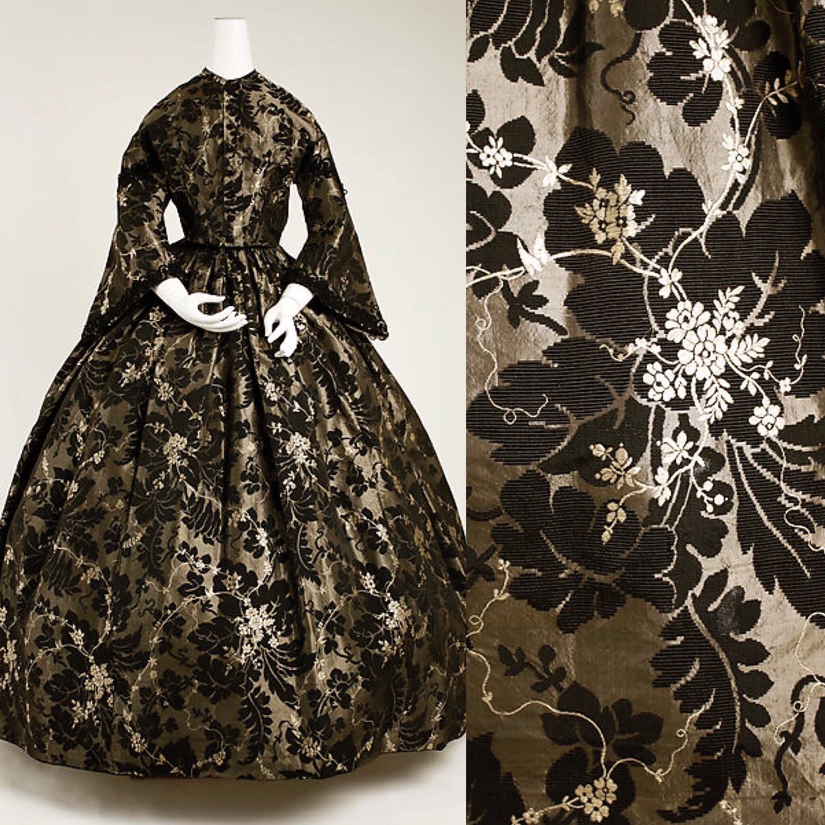 I love how the fabric is often the star in mid 19th century dresses, like this sumptuous metallic and black silk circa 1850s. Via