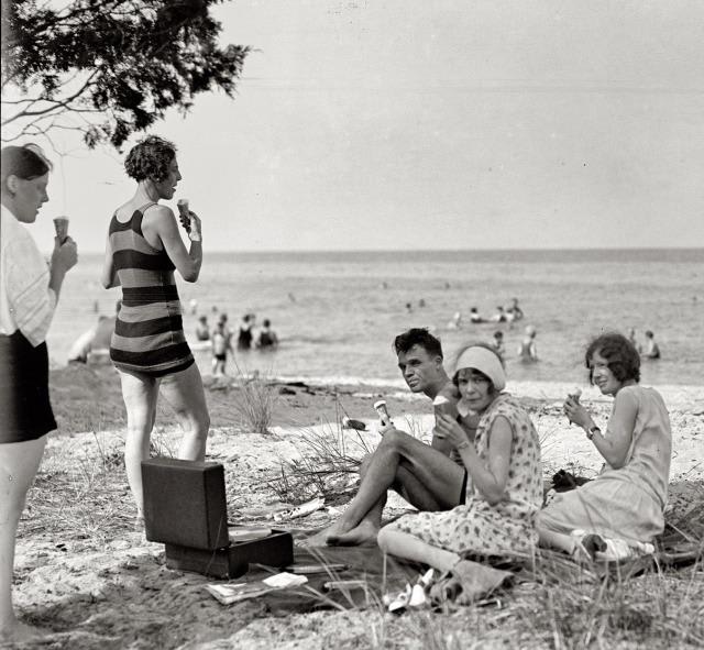 Eating ice cream at Plum Point on Chesapeake Beach, Maryland, 1928.