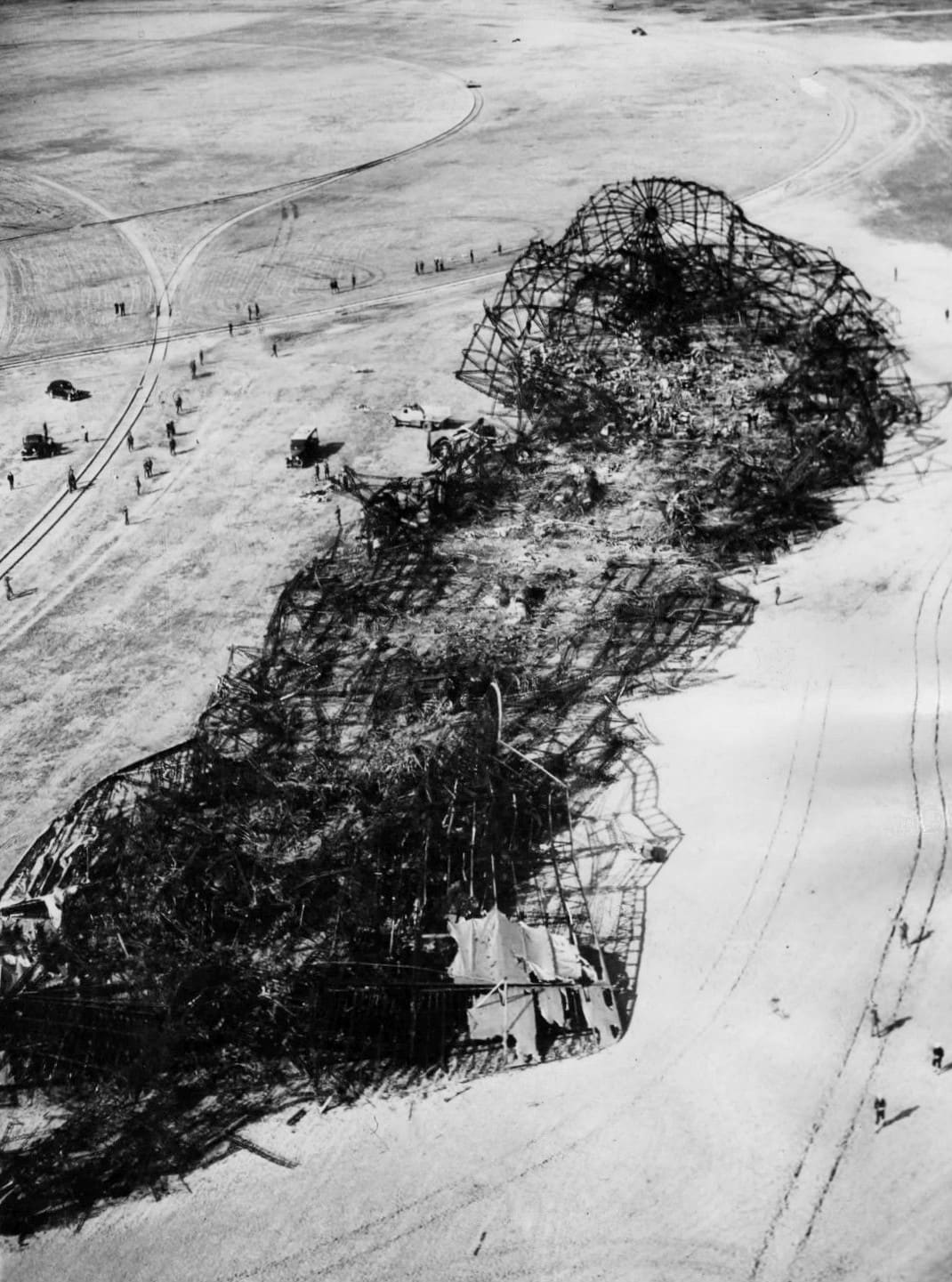 May 1937: Wreckage from the German Zeppelin Hindenburg that was destroyed during its attempt to dock at Lakehurst naval station in New Jersey, USA.