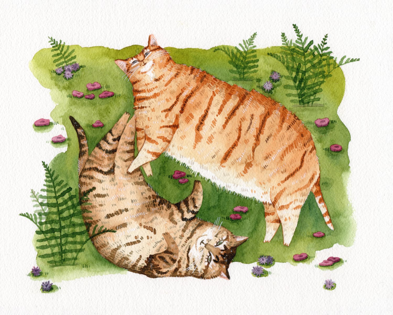 Two sunbathing chonkers on a meadow. Most recent cat commission I had the pleasure to paint.