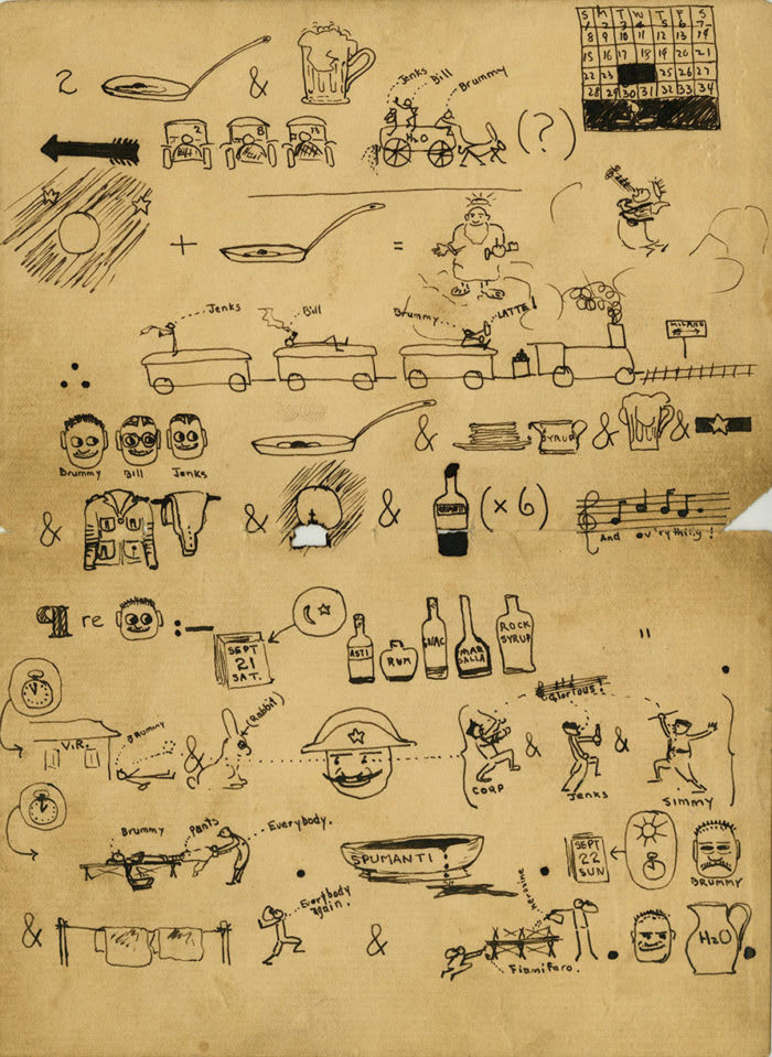 Can you help @JFKLibrary solve this #puzzle? The document is from the Ernest Hemingway Collection. It may be a rebus or type of pictogram that uses pictures to represent words, parts of words, or phrases. Help solve the mystery!