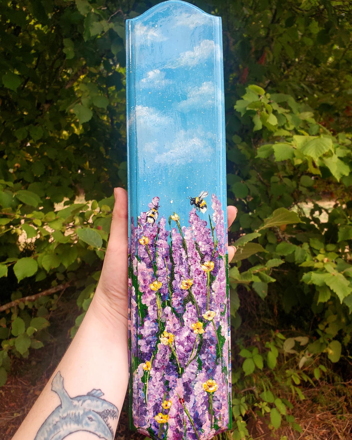 My newest acrylic painting. Bees and wildflowers on wooden plaque.
