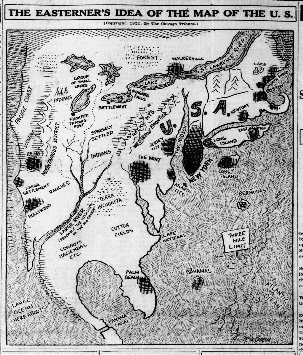 “The Easterner’s Idea Of The Map Of The US,” a satire from the Chicago Tribune.