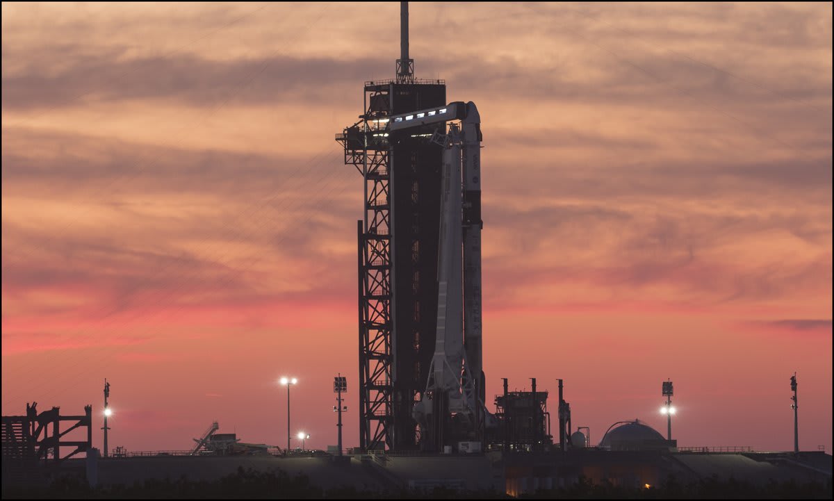 The @SpaceX Falcon 9 and Crew Dragon are seen at sunset as preparations continue for the launch of the Crew-2 mission to @Space_Station on Friday, April 23 at 5:49 a.m. EDT. :