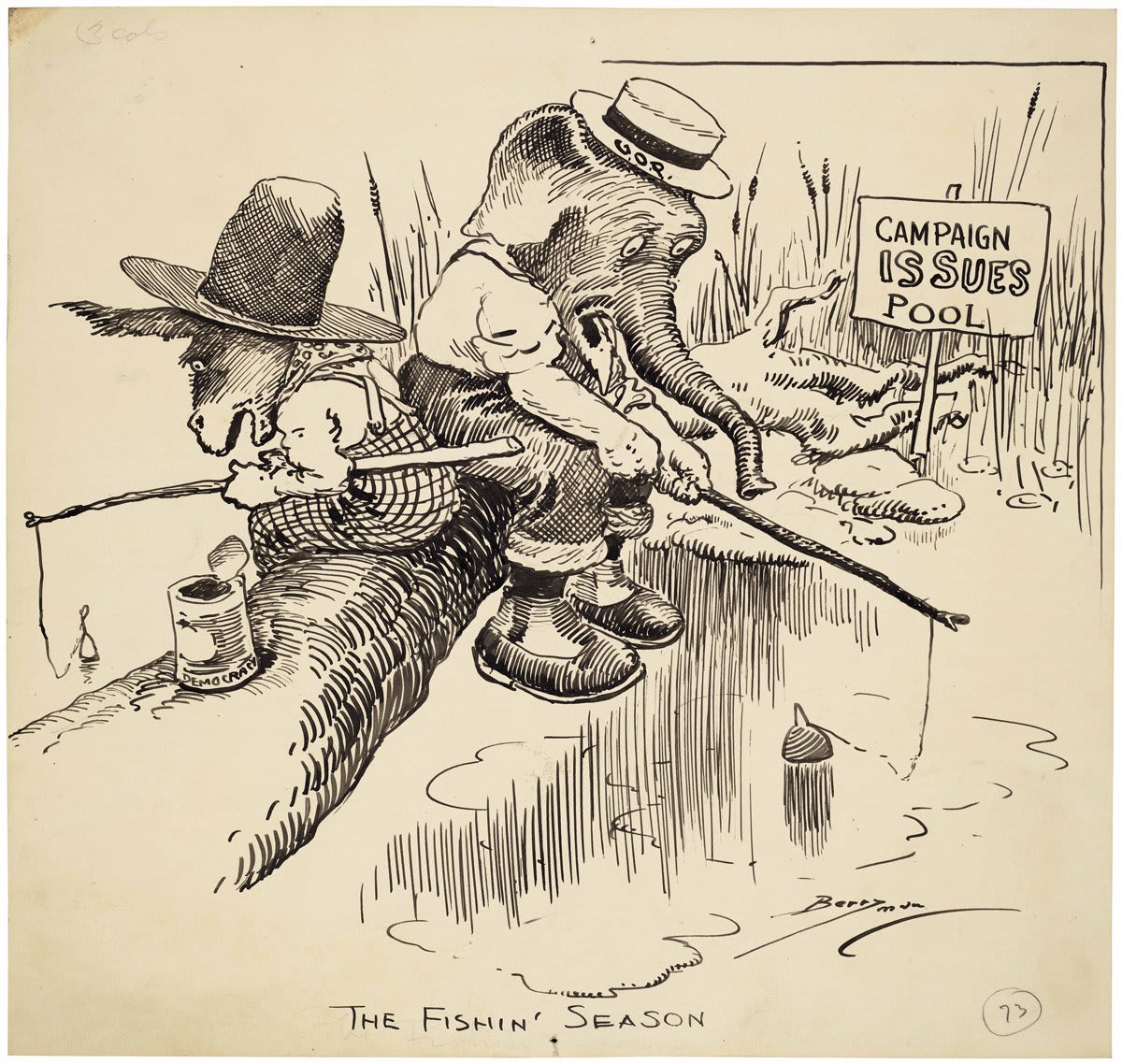 This political cartoon from 100 years ago OTD captures the Republican elephant and the Democratic donkey seated on the same log fishing in a different kind of pool...the "campaign issues pool."